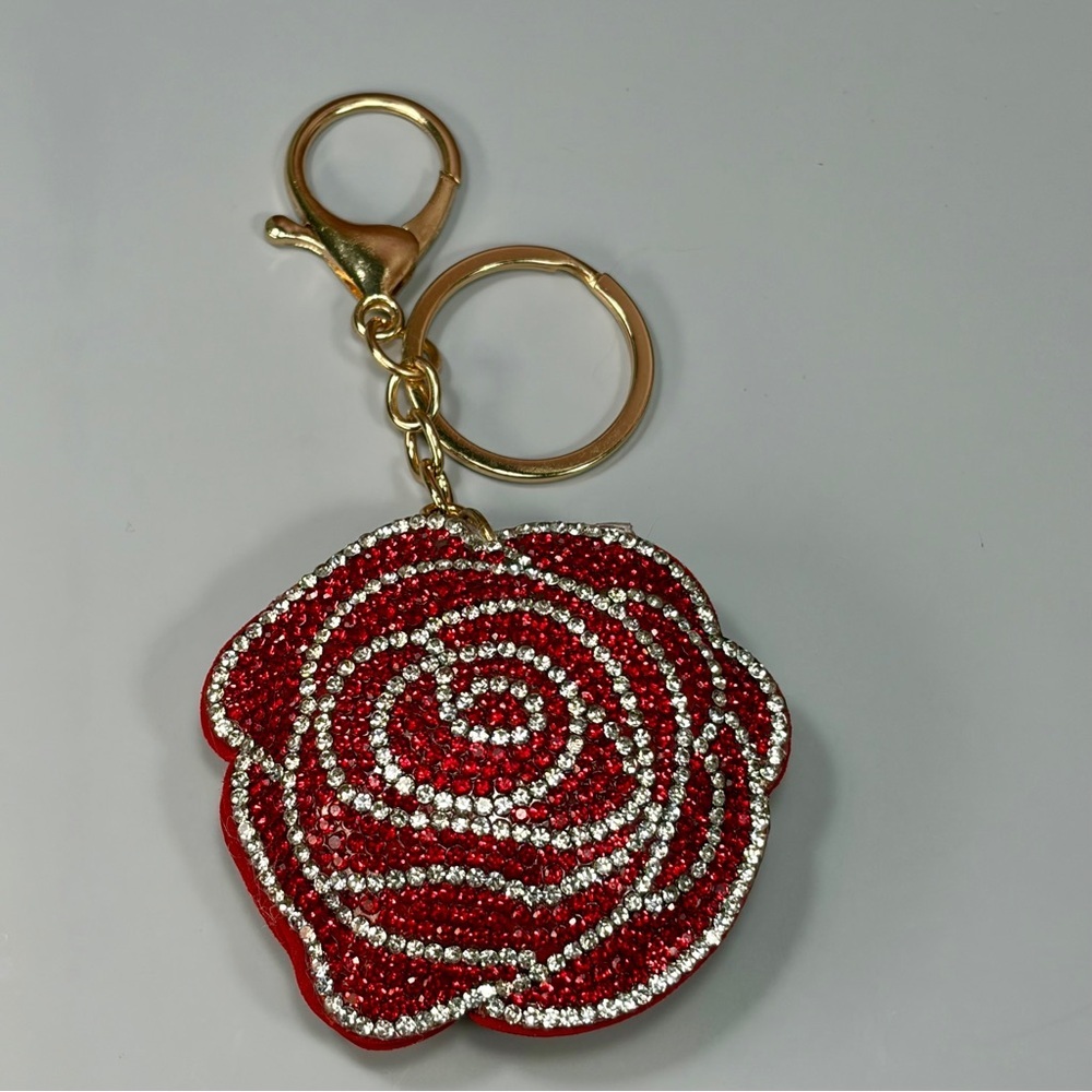 Bling Red Rose Rhinestone Keychain/Bag Charm with Gold Hardware